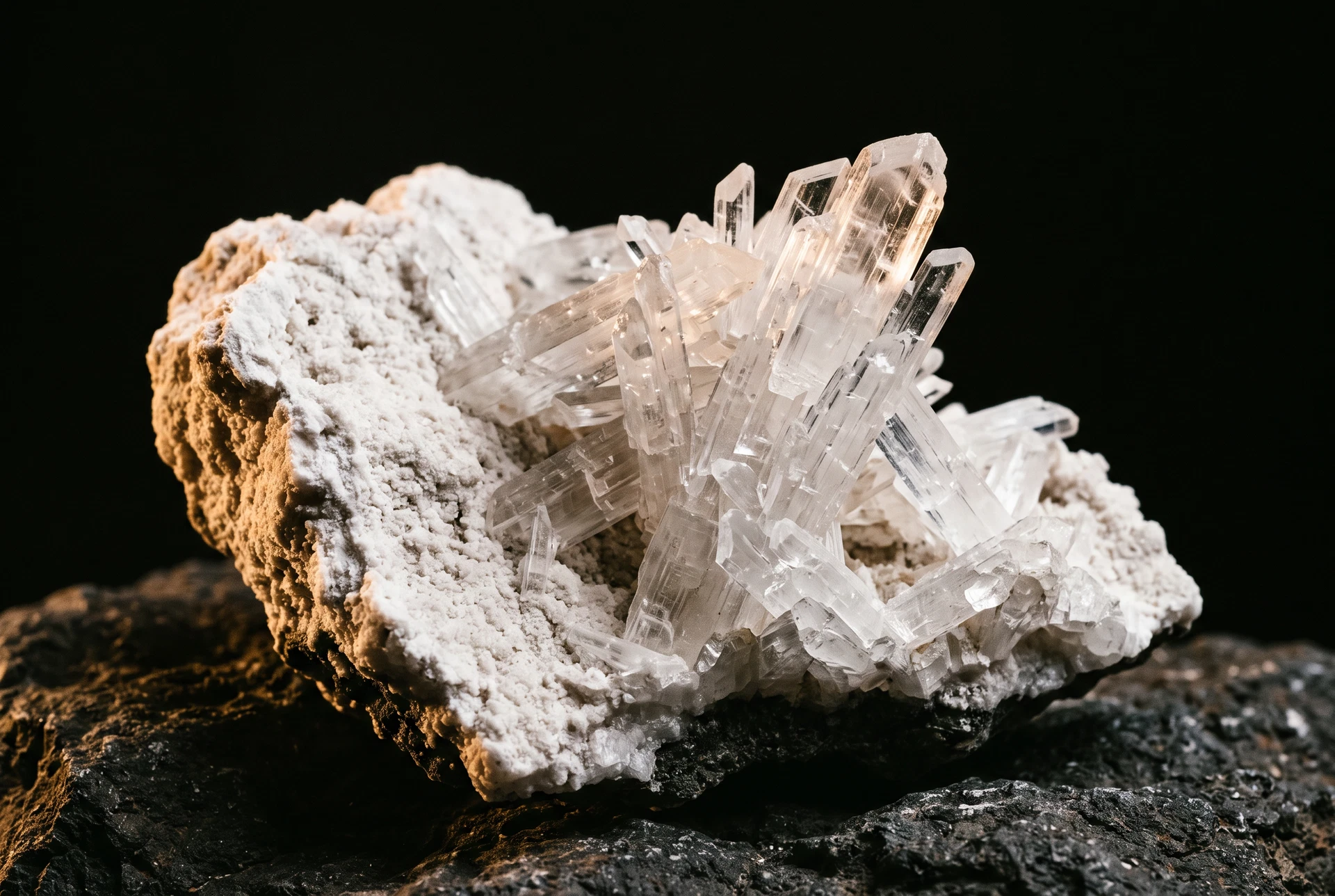 Raw gypsum mineral crystals on dark slate