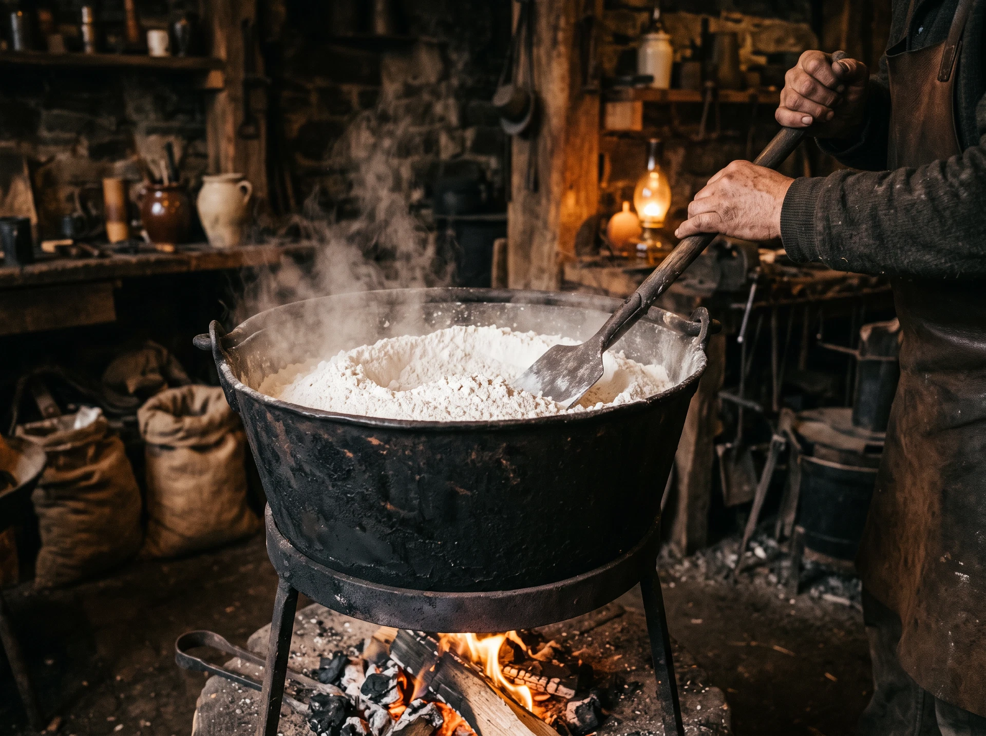 White gypsum powder heated in a calcining kettle as steam rises