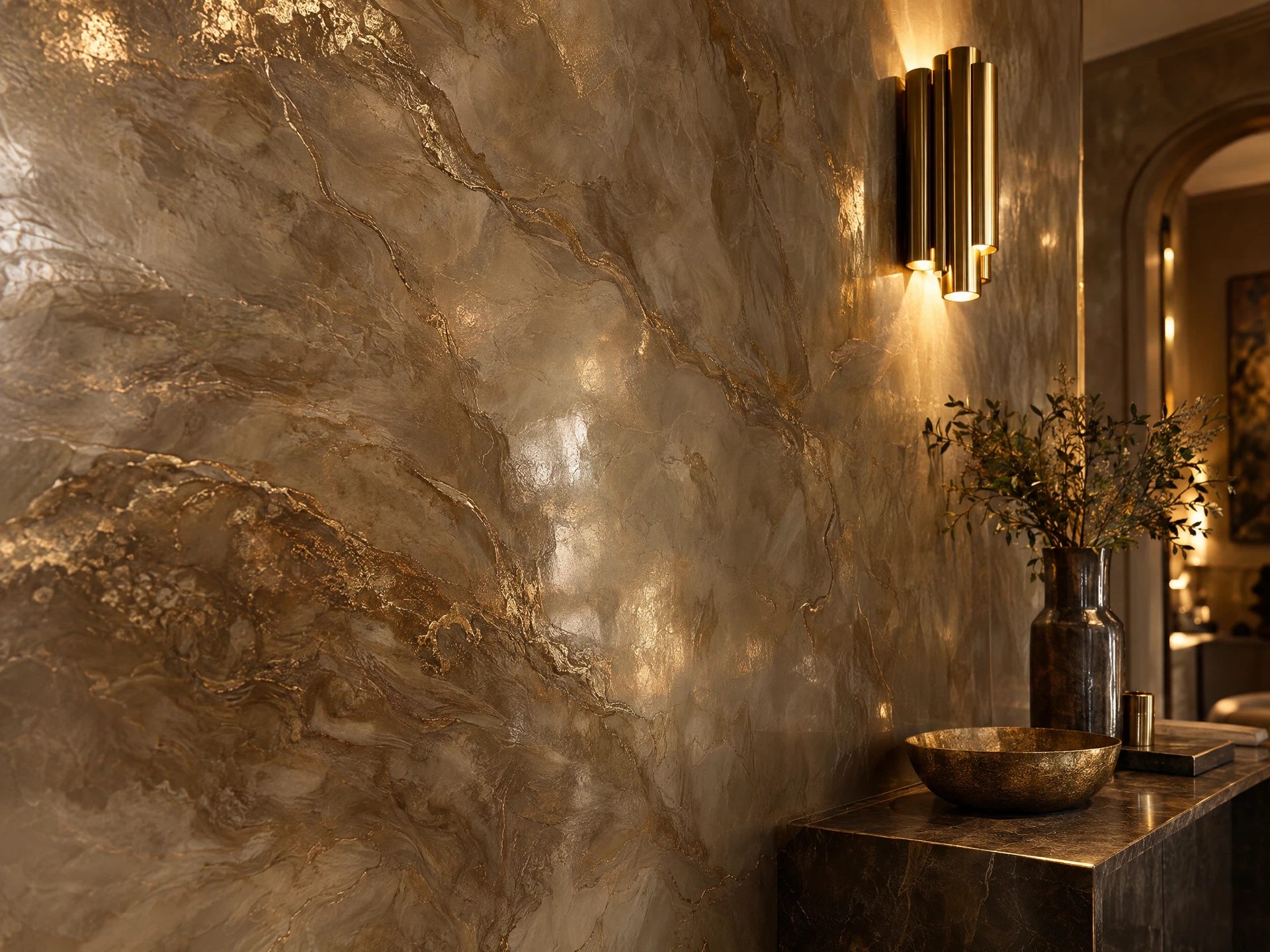 A polished Venetian plaster wall in warm bronze tones lit by a wall sconce