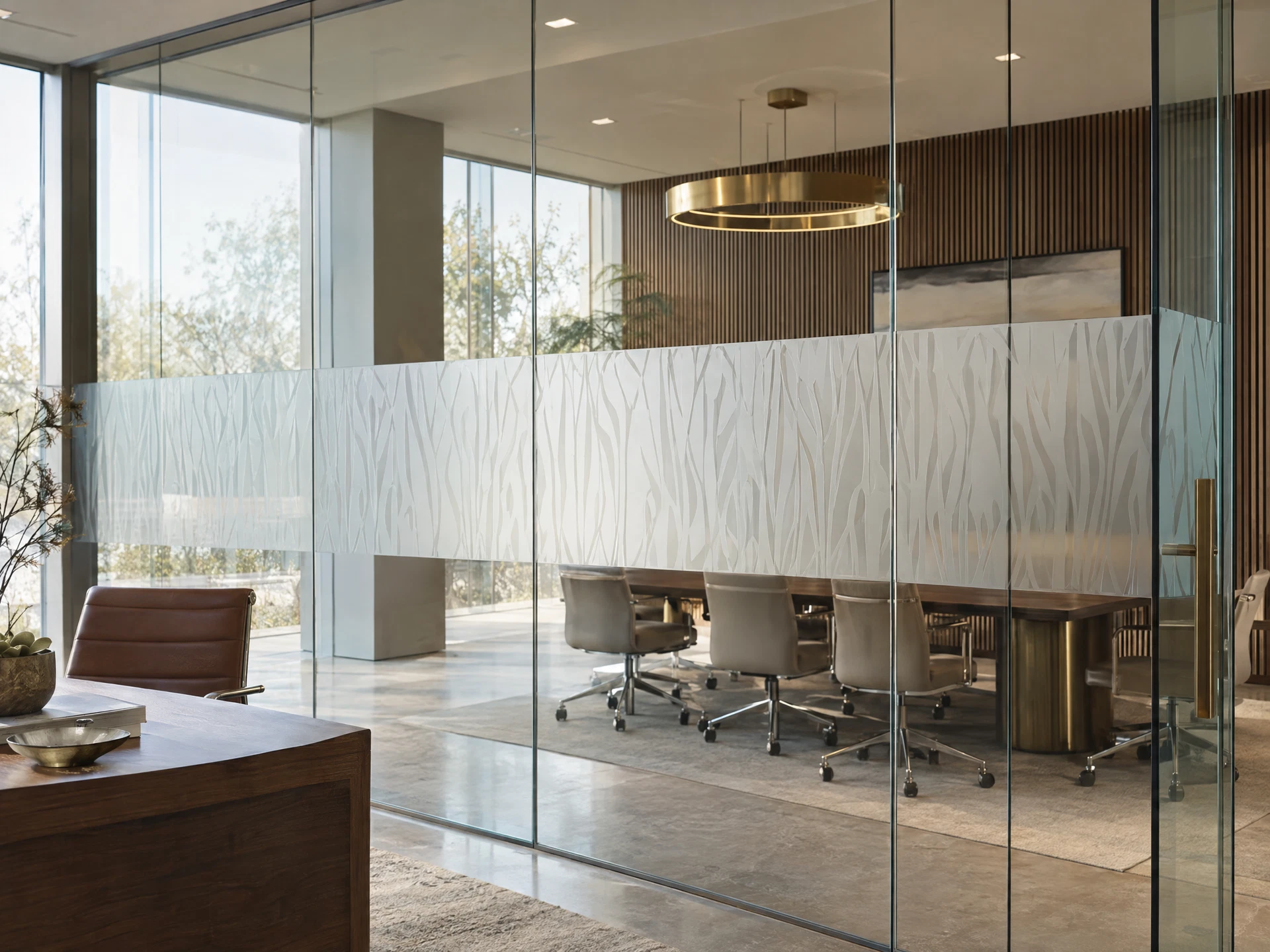 An office glass partition with a decorative frosted window film band