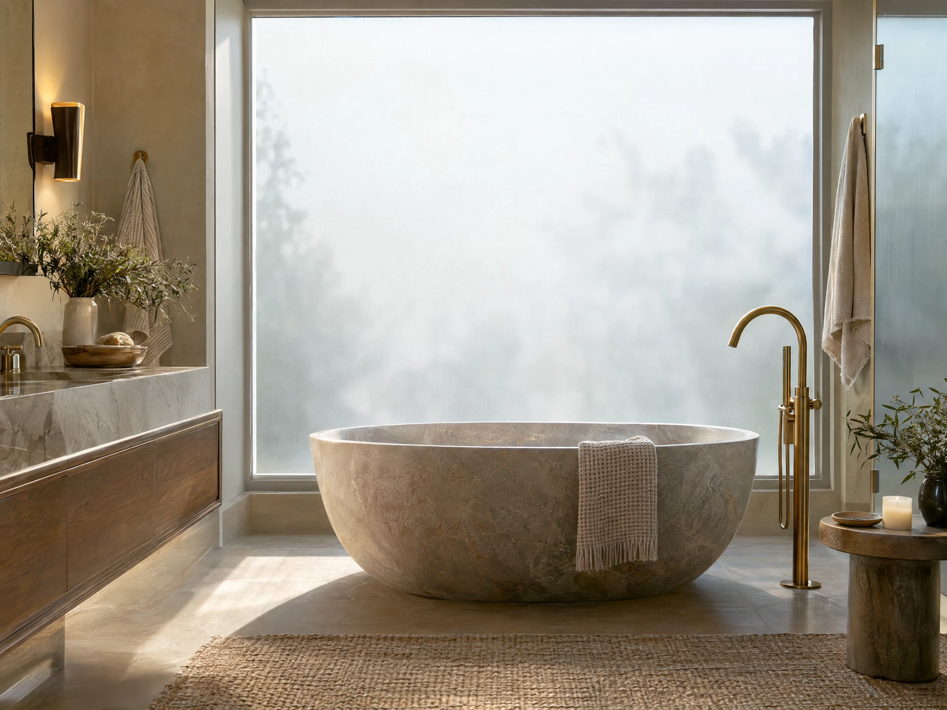 A bathroom window covered with soft white privacy film diffusing daylight