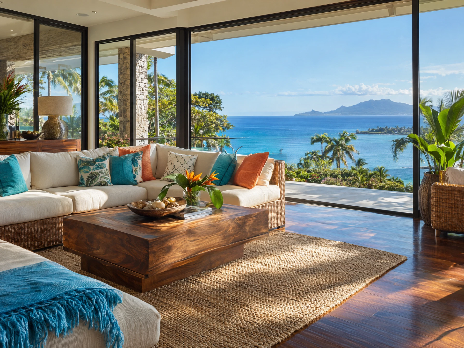 A sunlit living room with clear UV-protective window film and vibrant furnishings