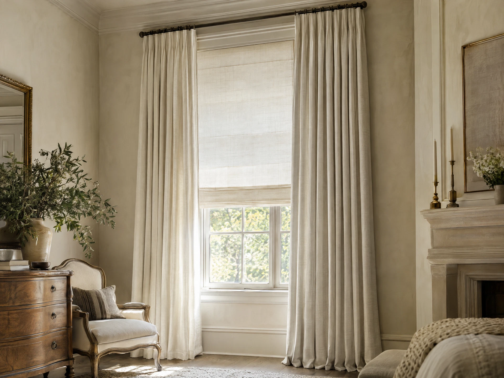 Tailored ivory linen drapery over a roman shade in an elegant room