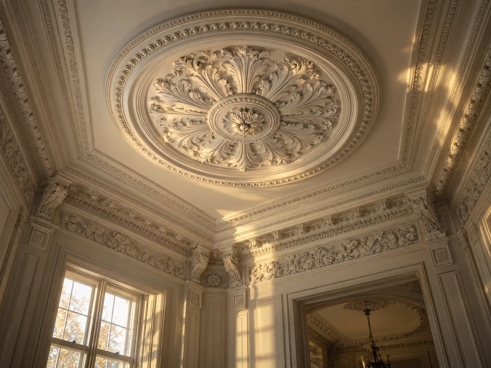 An ornate restored plaster ceiling medallion and crown molding