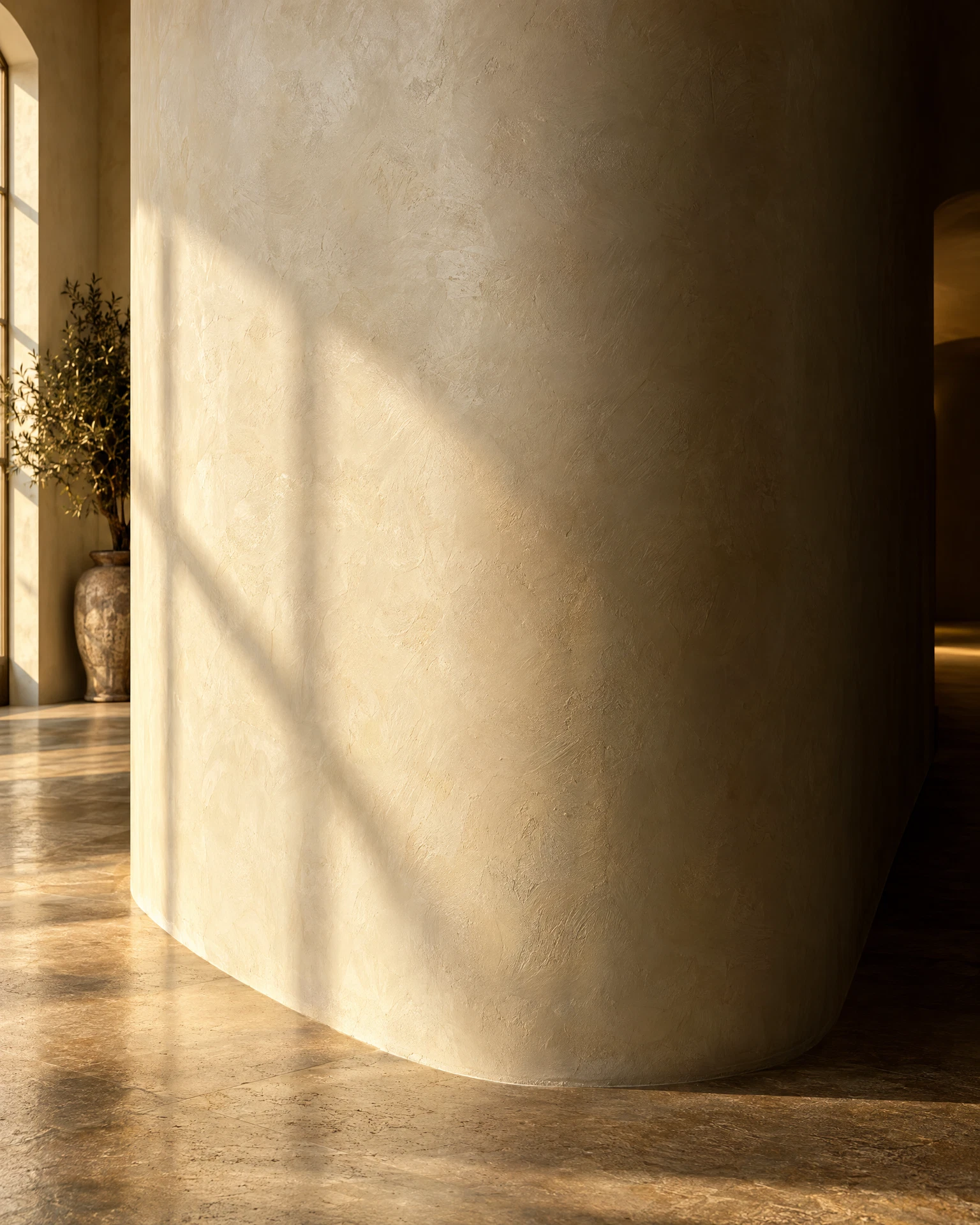 A smooth hand-troweled plaster wall curving around a corner in warm light