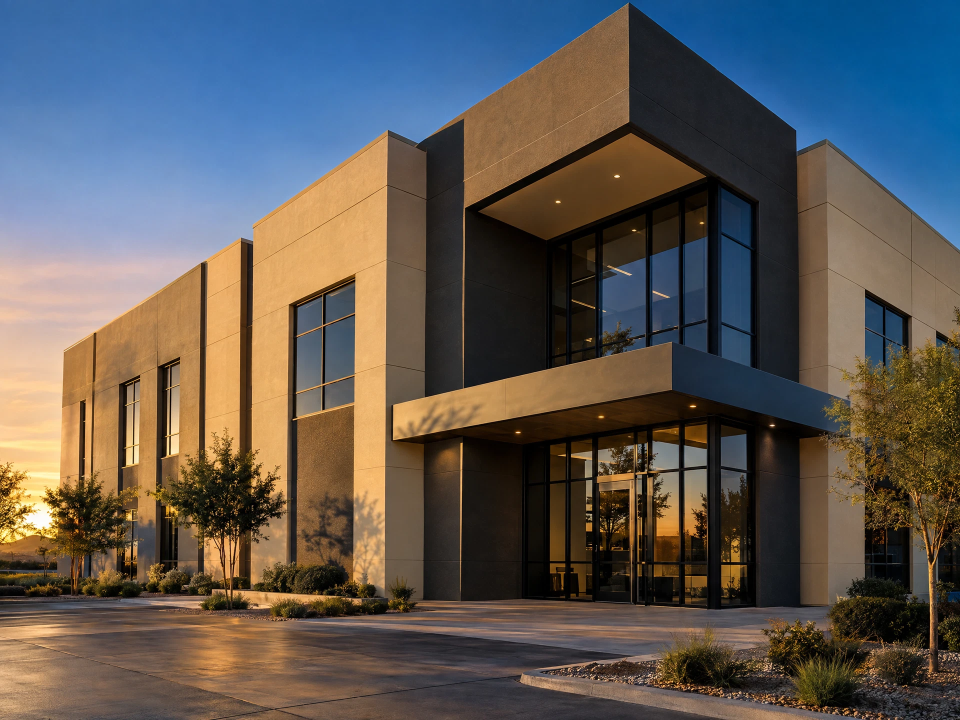 A modern commercial building finished with an exterior insulation and finish system