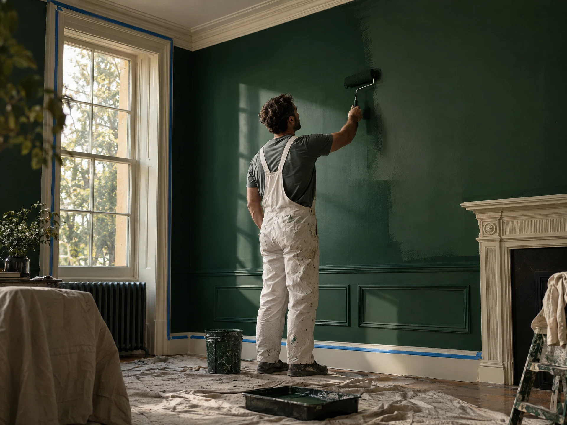 A painter rolling deep green paint onto a wall in an elegant room