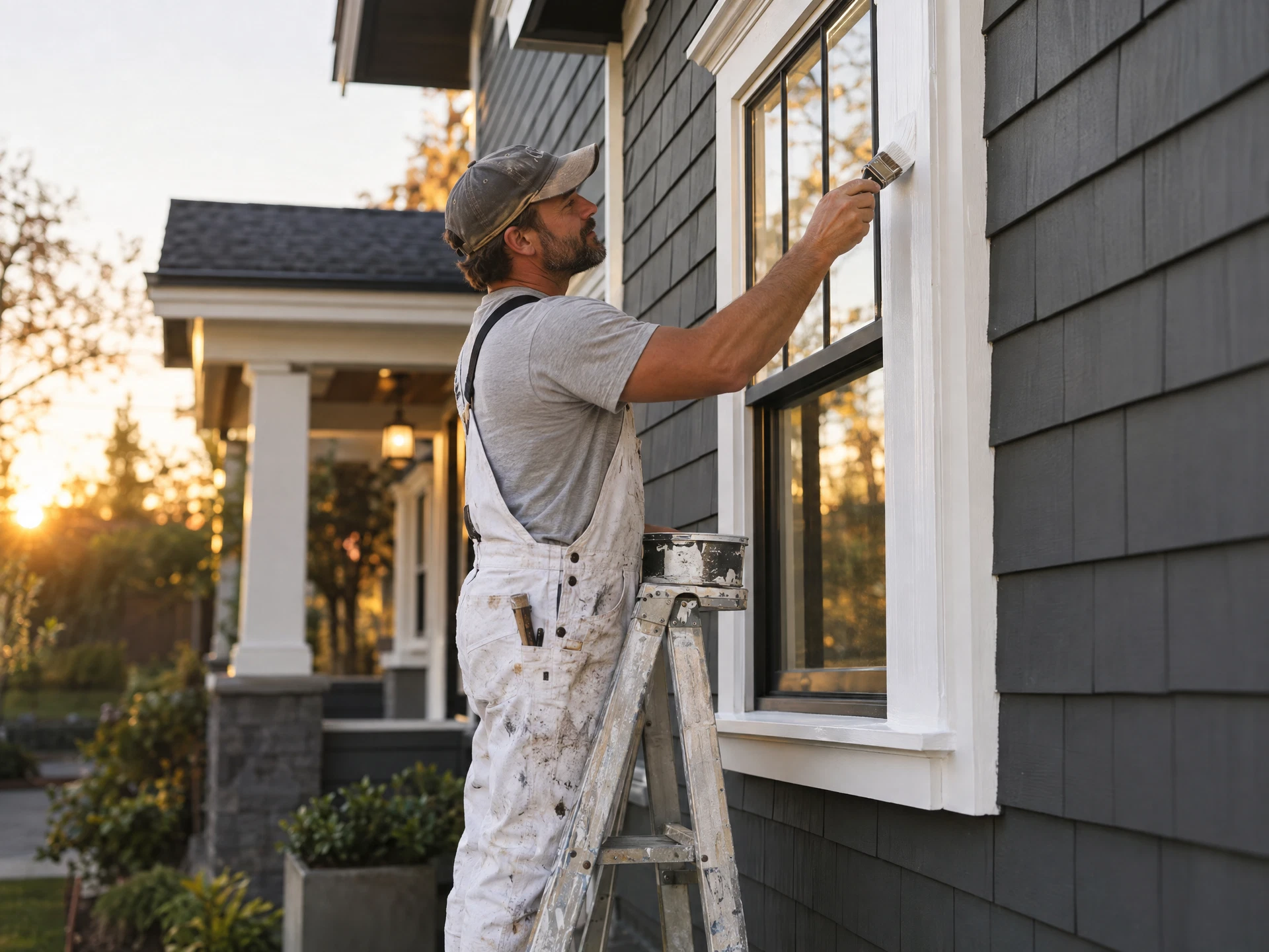 A painter on a ladder painting white trim on a charcoal home exterior