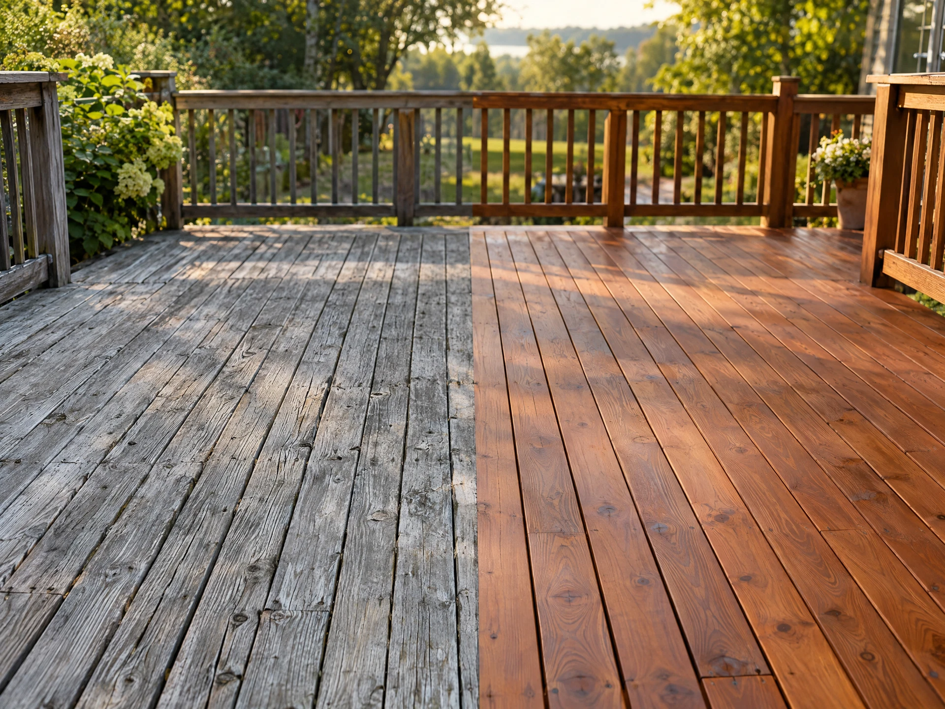A wood deck half weathered grey and half freshly sanded and stained cedar