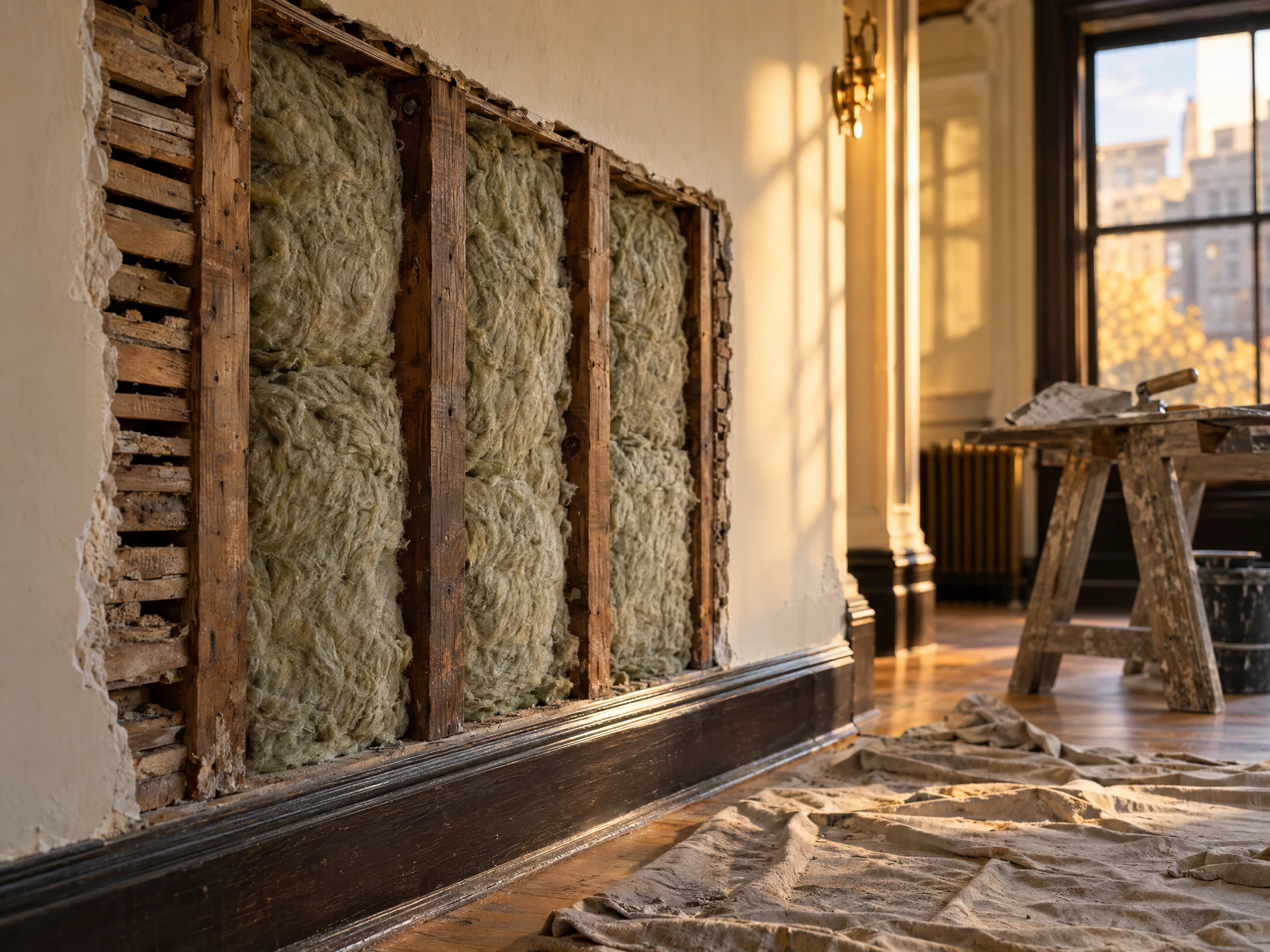 Mineral-wool insulation fitted between the studs of an opened plaster wall in an older apartment