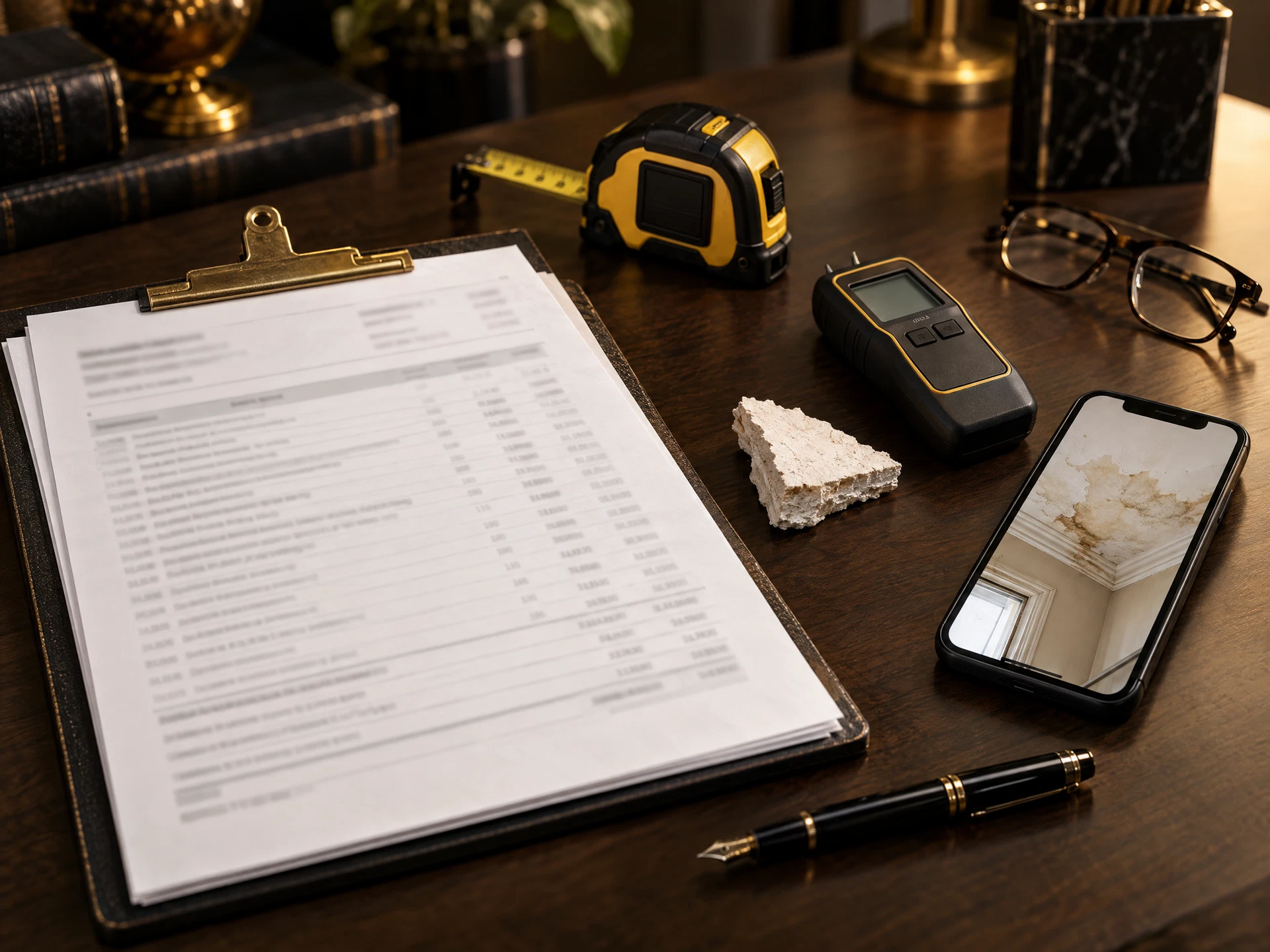 An itemized property damage estimate on a clipboard beside a tape measure, moisture meter and photo of a stained ceiling