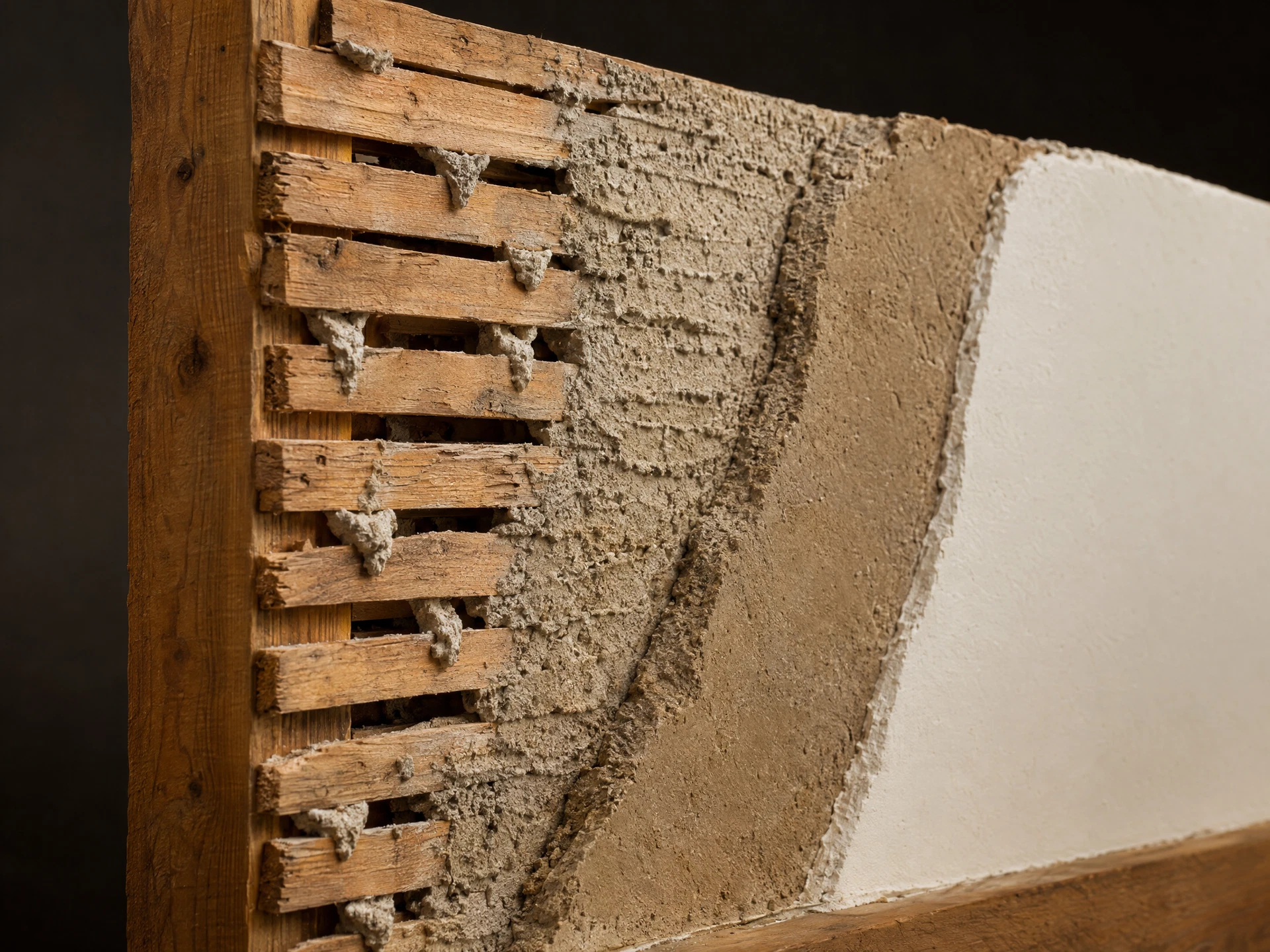 A cutaway of three-coat plaster on wood lath showing scratch, brown and finish coats