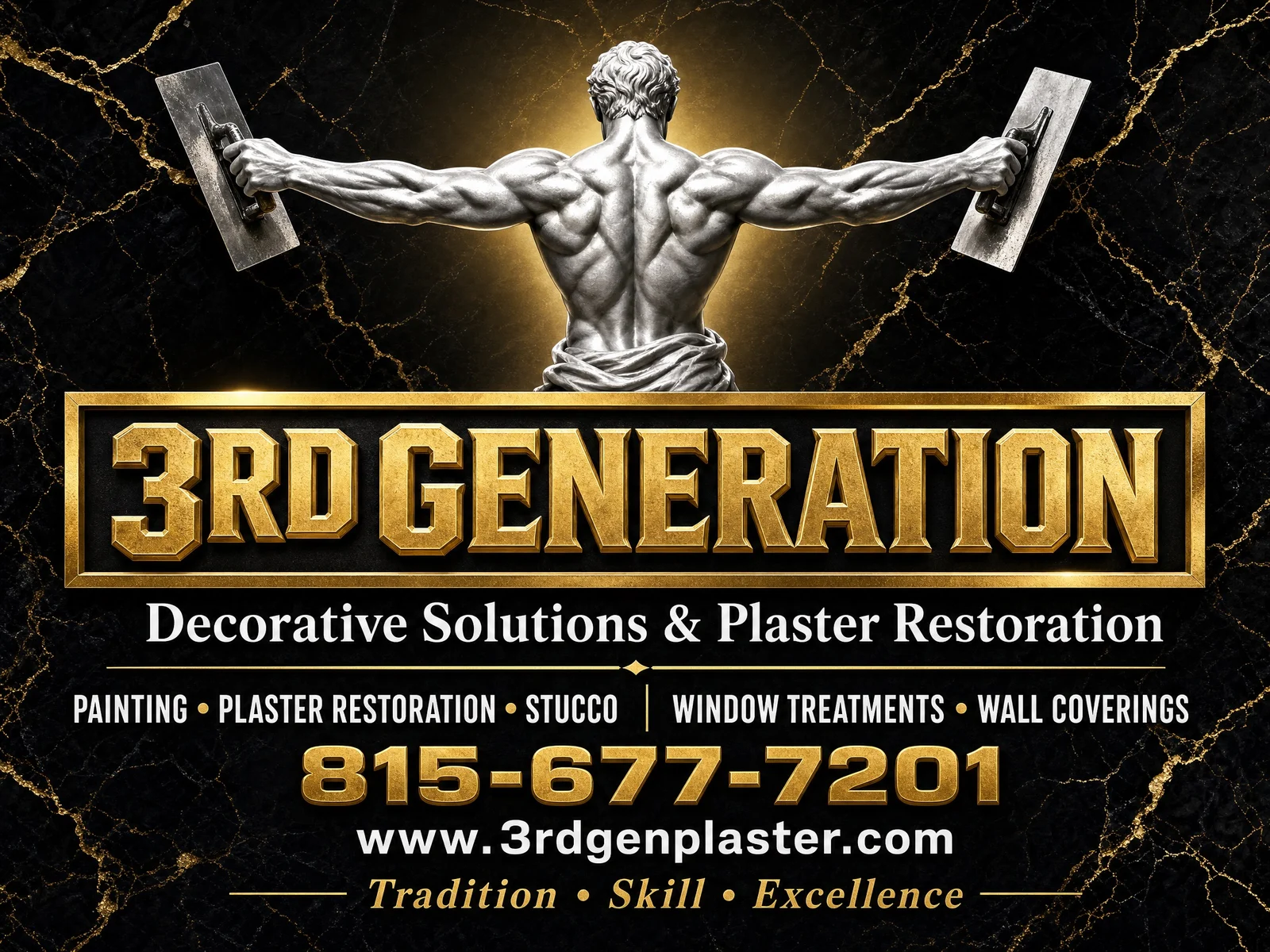 The 3rd Generation truck magnet: craftsman with trowels, the gold 3rd Generation wordmark, services, Chicago 815-677-7201, Oahu 808-476-0949 and www.3rdgenplaster.com