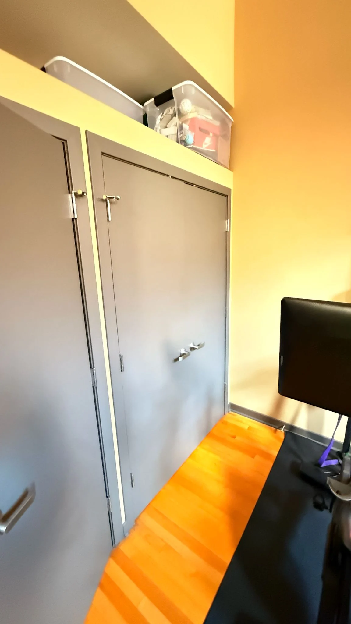Before: a pair of gray closet doors with gray trim